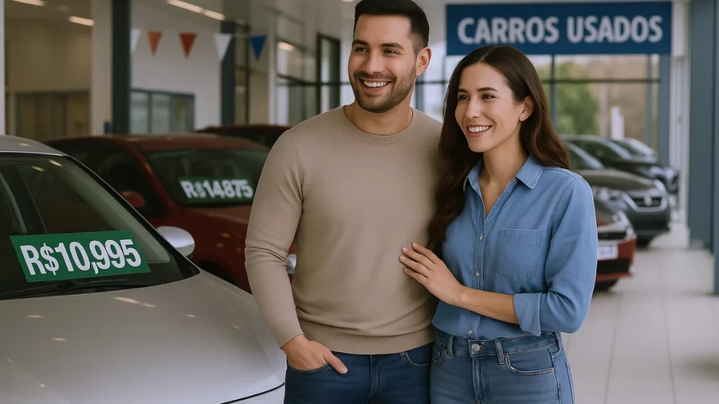 Casal sorridente em concessionária de carros usados.
