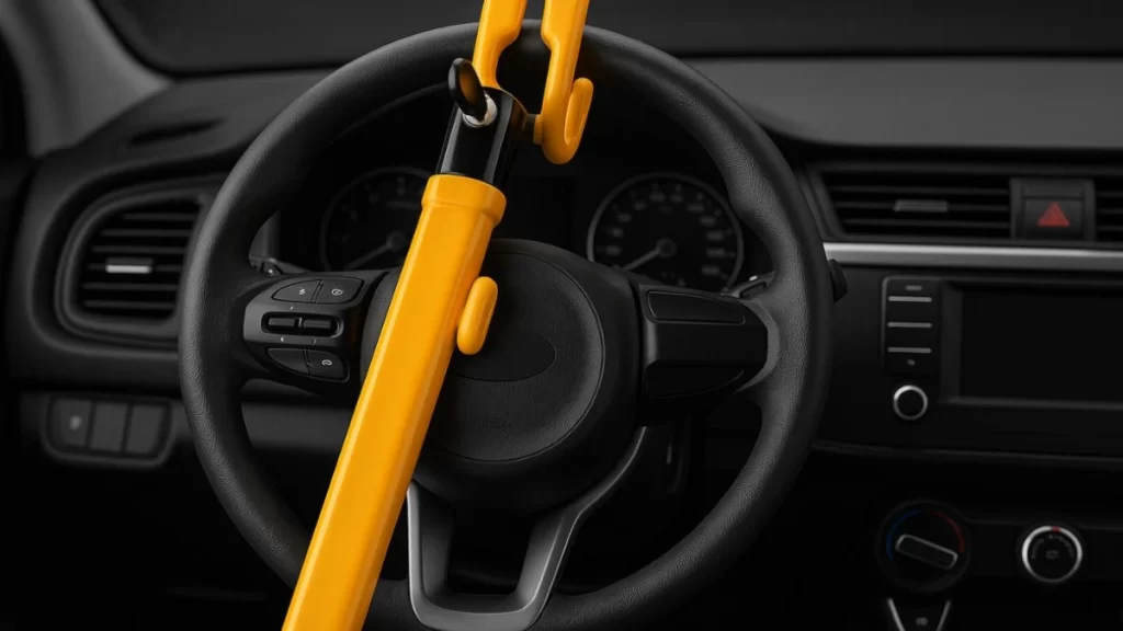 Volante de carro com dispositivo de trava para carros em formato de grampo amarelo.