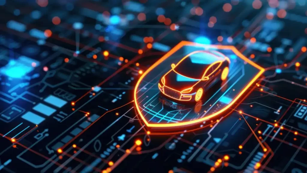 Imagem referindo a qual o melhor sistema antifurto para carros, representada por um escudo iluminado, símbolo da segurança veicular digital e tecnologia automotiva inteligente.
