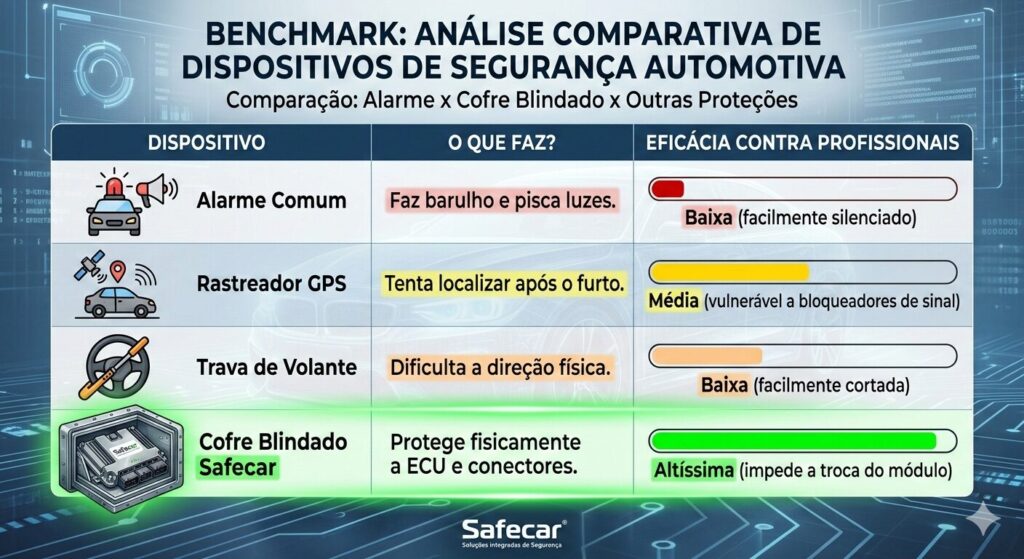 Comparativo entre dispositivos de segurança para automóveis: alarme, rastreador, Travas comuns e o Cofre Blindado.
