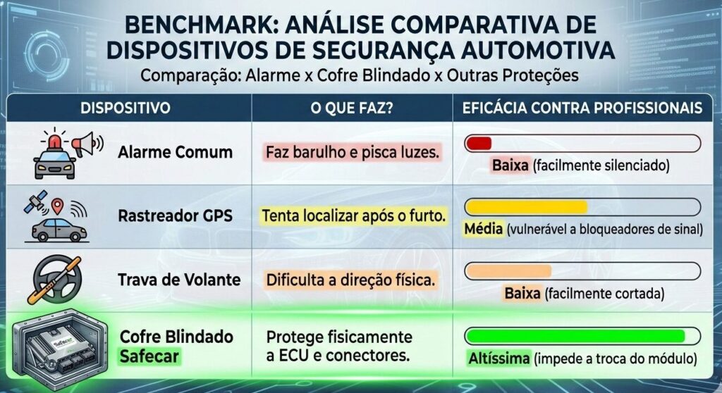 Comparativo entre dispositivos de segurança para automóveis: alarme, rastreador, Travas comuns e o Cofre Blindado.