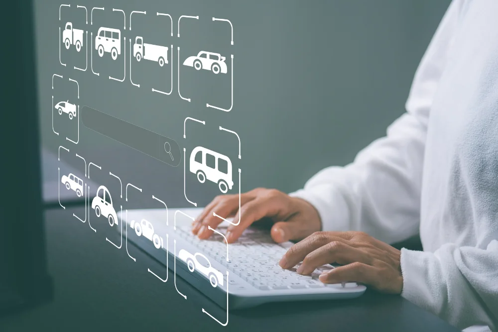 Mão masculina digita sobre um teclado, enquanto vetores de veículos aparecem no ar, representando um artigo da Safecar sobre sistema de gestão para locadoras de veículos.